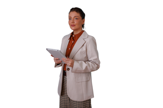 Woman professional holding tablet device with transparent background, standing and thinking, utilizing digital technology