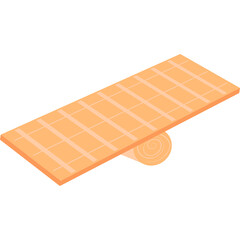 Isometric representation of a wooden floor plank with a roll of flooring material in a light tan color showcasing a simple construction element with a transparent background