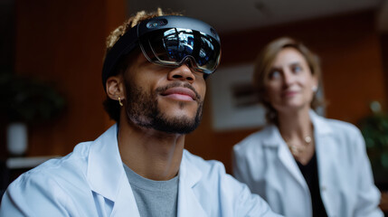 A researcher wearing AR glasses engages in a hands-on experience, embodying the future of technology in laboratory settings and depicting the blend of science and innovation.