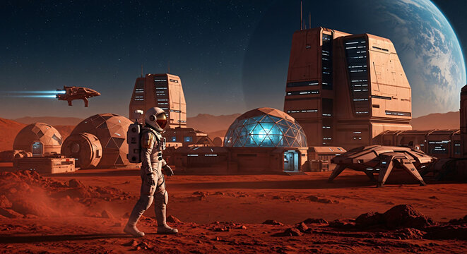 Astronaut Walking on Mars Surface Near Space Station