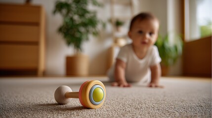 Baby crawling on the floor towards a wooden rattle toy. Focus on the toy representing childhood development. Infant learning and playtime in a bright home interior