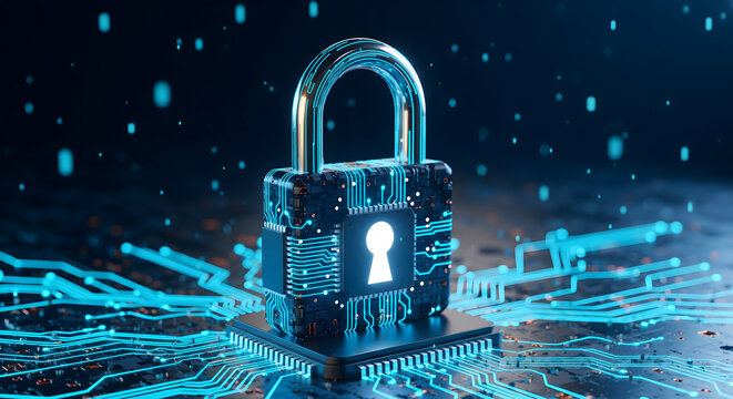 Protect your data with cutting-edge cybersecurity encryption a futuristic lock symbolizes digital safety and online privacy with glowing circuit patterns
