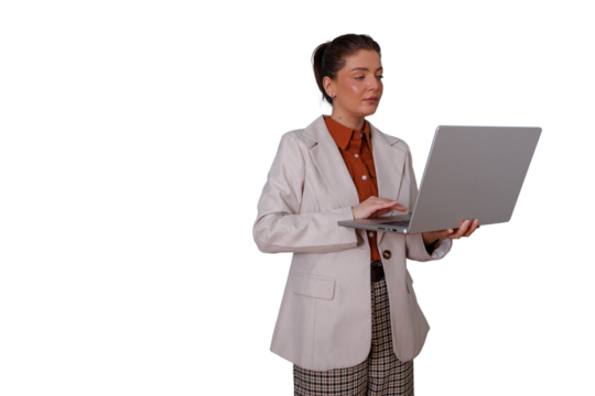 Businesswoman standing and typing on a laptop, working and using technology, transparent background - Powered by Adobe