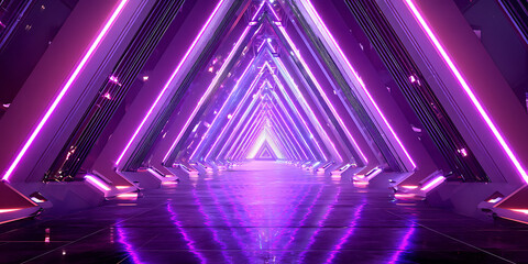 Symmetrical neon light tunnel with glossy reflective floor