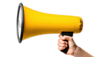 A hand holds a bright yellow megaphone