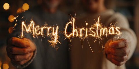 Hands holding sparklers spelling “Merry Christmas” with glowing golden light