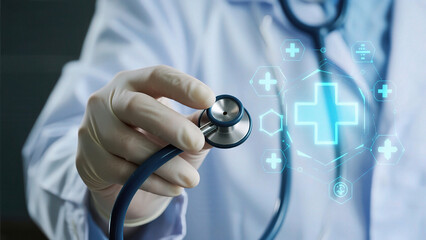 Doctor holding stethoscope with digital overlay