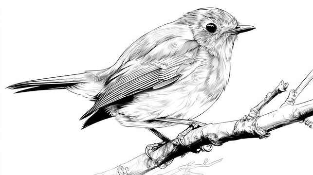 Detailed Illustration of a Bird Perched on a Branch in Black and White