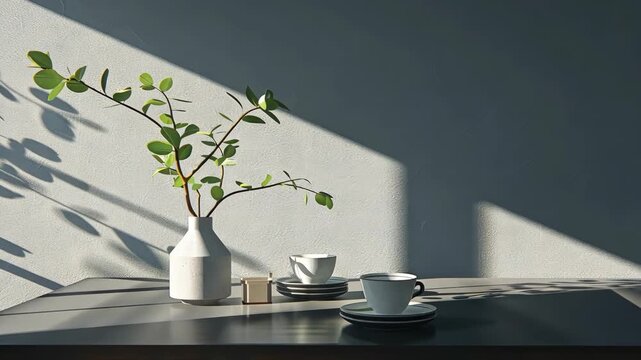 Minimalist setting features a plant, cups, and defined shadows, creating a serene atmosphere perfect for relaxation