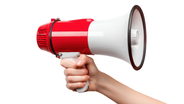 Hand holding a red and white megaphone