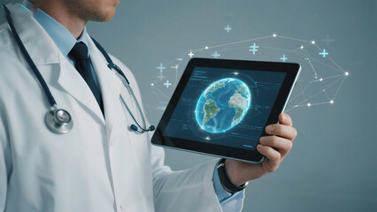 Doctor holding tablet with globe and network