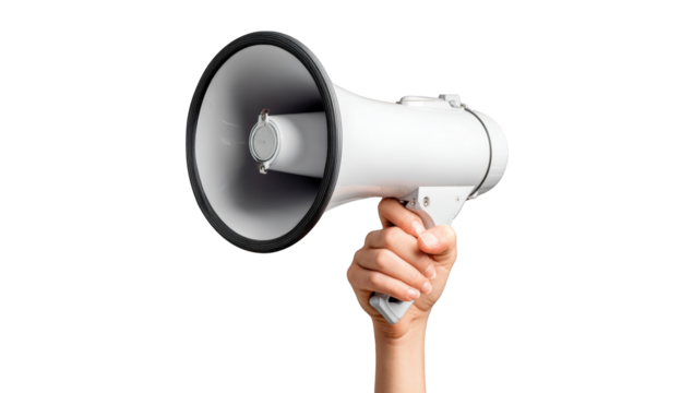 Hand holding a white megaphone against a black background (2)