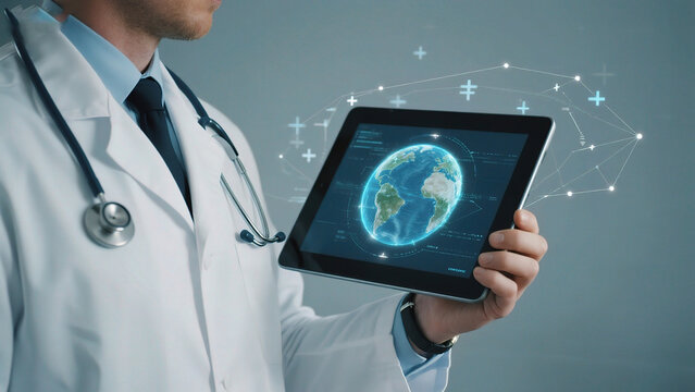 Doctor holding tablet with globe and network