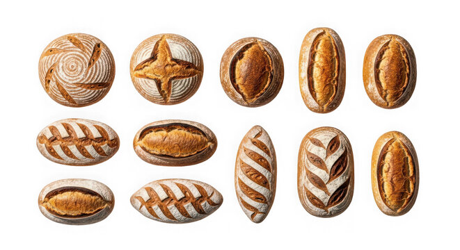 Freshly baked artisanal sourdough bread loaves, unique scoring