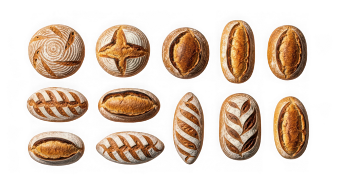 Freshly baked artisanal sourdough bread loaves, unique scoring