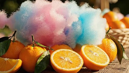 national cotton candy day colorful and fresh sliced oranges wood