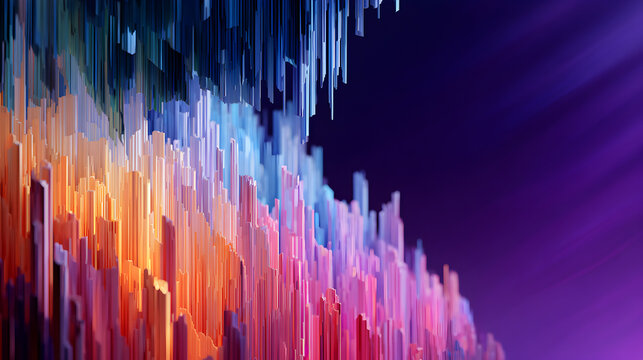 Dynamic abstract cityscape with vibrant neon lights and futuristic glowing pillars creating a modern digital art backdrop