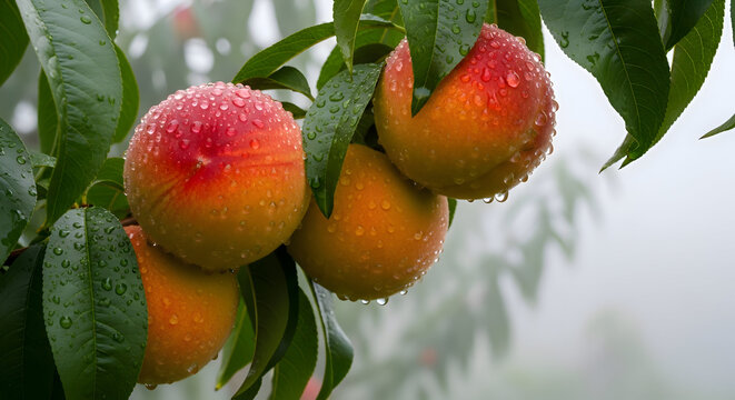 Ripe peaches hanging on a tree branch after rain