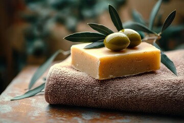 Close-up of a natural soap bar with two green olives and olive leaves resting on a soft brown towel on a wooden surface with a blurred natural background