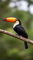 Vibrant Toucan Perched on Branch in Lush Rainforest Setting.