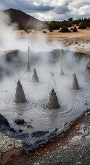 Geothermal Mud Pots Erupting in Icelands Landscape.