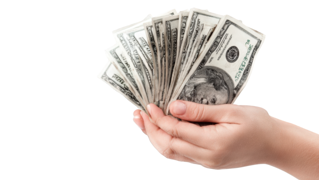 Hands holding a fan of US dollars (5)