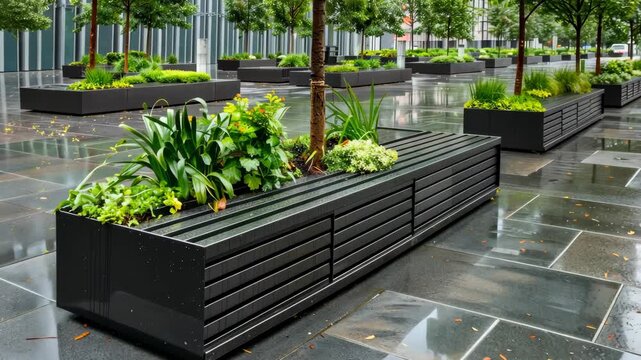Explore the aesthetic arrangement of greenery and planters enhancing the design of a contemporary urban space on a rainy day