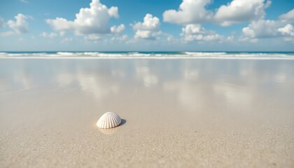Serene coastal scene with a solitary seashell resting on the smooth, wet sand reflecting the bright blue sky and fluffy white clouds