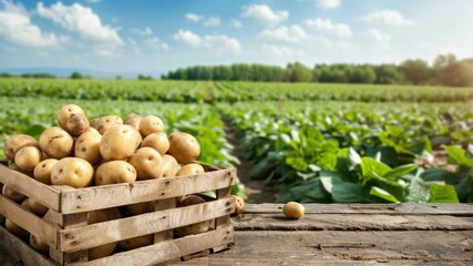 Potatoes are freshly harvested and gathered in a wooden crate, surrounded by vibrant green fields under a sunny sky