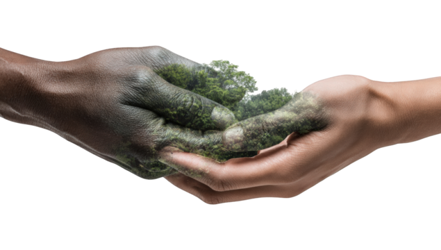 Two hands clasped together, with a composite image of a forest or natural scene between them