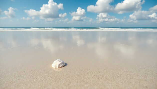 Serene coastal scene with a solitary seashell resting on the smooth, wet sand reflecting the bright blue sky and fluffy white clouds - Powered by Adobe