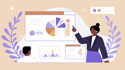 Business presentation with charts and graphs on a screen