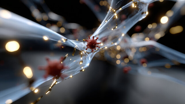 An artistic depiction of viral particles intertwined in an intricate web, suggesting endless possibilities of bacteria and their complex interactions in a digital environment. - Powered by Adobe