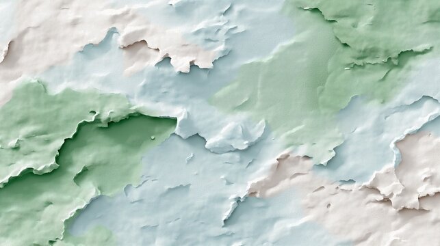 Abstract background with a 3d relief texture. Modern layered pattern in soft pastel green and blue colors. Topographical plaster effect wallpaper design
