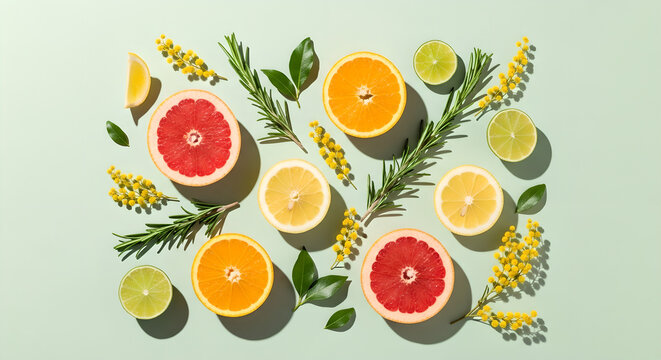 Mixed Citrus Fruits Flat Lay Green Background Copy Space - Powered by Adobe