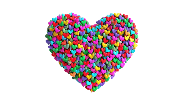 A vibrant heart-shaped design composed of many smaller hearts