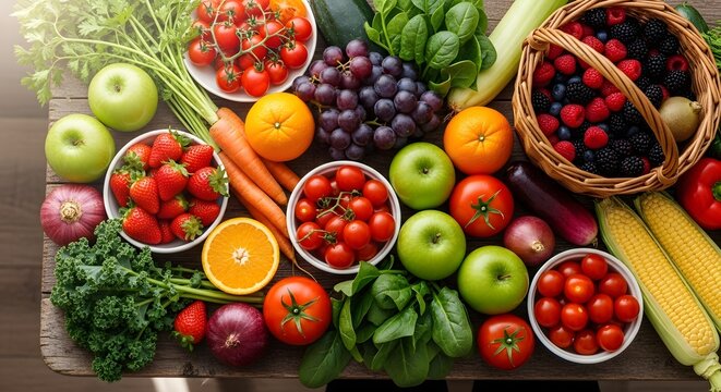 Abundant fresh fruits vegetables healthy eating flat lay wood - Powered by Adobe