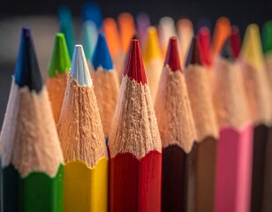 Close-up view of a diverse array of colorful sharpened writing implements