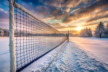 Winter Tennis Court Snow Covered Landscape Sport Recreation Cold Weather Frozen Ground Outdoor Game Sunlight Through Clouds