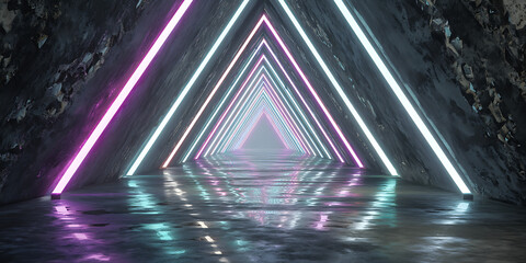 Reflective floor neon corridor with triangular lights