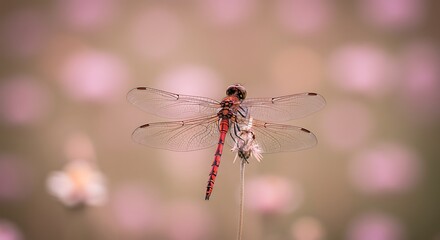 Close-up view of a dragonfly with transparent wings, perched on a dried flower, blurred background