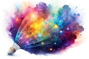 Creative Shuttlecock with Colorful Powder Blast Splash Explosion Against White Background Art Design Element Graphic Energetic Action Sport Dynamic