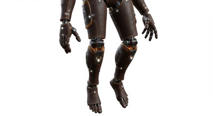 Anthropomorphic robotic limbs feature intricate mechanical joints and leather-like coverings