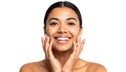 A joyful woman with dark hair and a bright smile, hands on her cheeks, isolated on a transparent background
