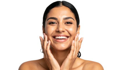 A joyful woman with dark hair and a bright smile, hands on her cheeks, isolated on a transparent background