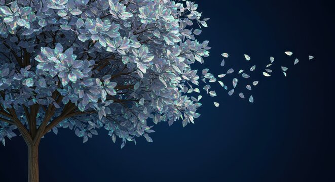 Illuminated deciduous tree sheds shimmering leaves against a deep midnight background