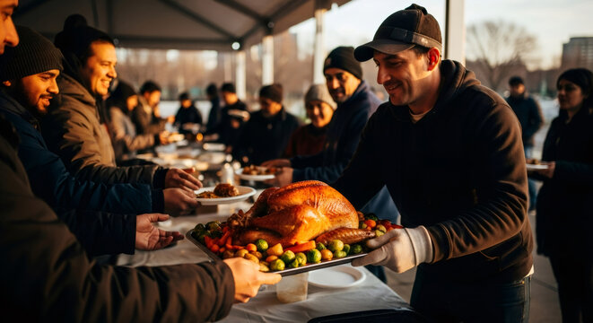 Volunteer man serving roast turkey with vegetables to people during a community Thanksgiving meal. Charitable food distribution for holiday season.