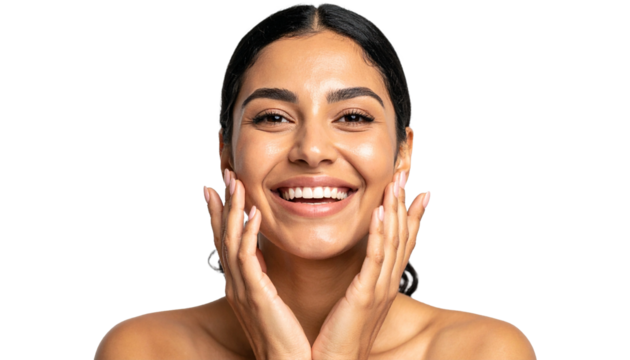 A joyful woman with dark hair and a bright smile, hands on her cheeks, isolated on a transparent background