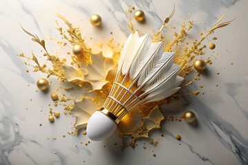 Shuttlecock Explosion of Gold Elegance:  Feathers and Orbs in Stunning Still Life for Luxury Brand Assets