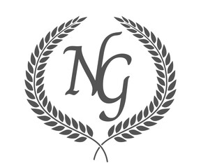 Initial letter N and G, NG monogram logo design with laurel wreath. Luxury calligraphy font.